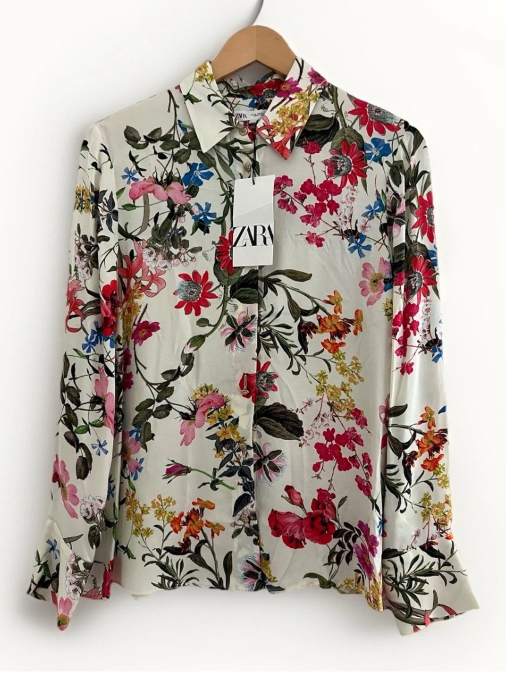 Zara Cream Floral Button-Down Blouse with Red, Pink & Blue Blooms